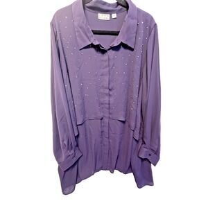 Joan Rivers Women's Purple Double Layer W/Crystal Detail Long Sleeve Blouse 3X